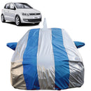 Autofact Polo Car Cover - FlexGuard - Waterproof Car Body Cover for Volkswagen Polo - With Mirror & Antenna Pockets, Triple Stitched, Bottom Fully Elastic, Adjustable Belt and Buckle (Silver / Blue Stripes)