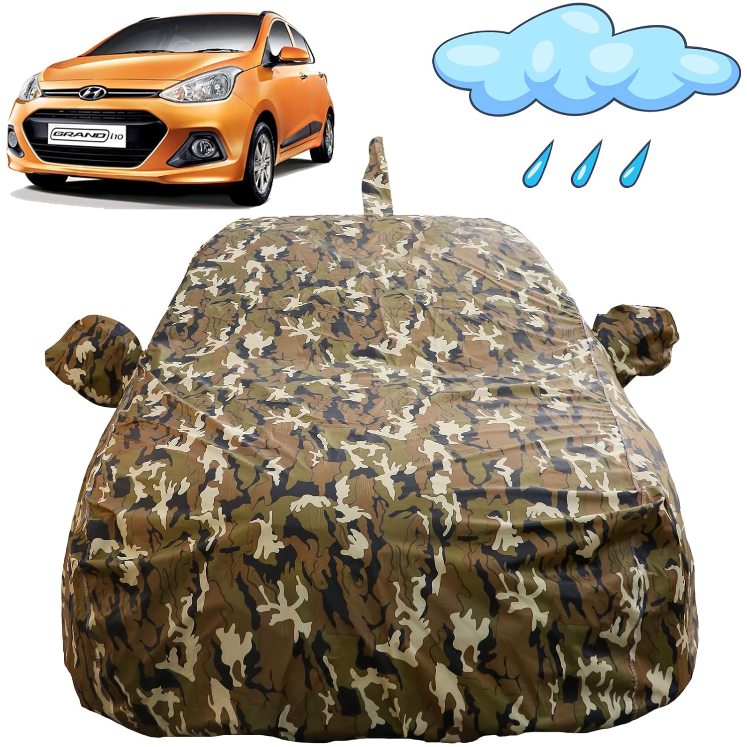 Autofact Grand I10 Car Cover FlexGuard Waterproof Car Body Cover for Hyundai Grand I10 With Mirror Antenna Pockets, Triple Stitched, Bottom