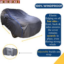 Maruti Fronx covered by gray car body cover with elastic edging and buckle strap Fronx Car Cover Waterproof