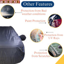 Maruti Fronx car body cover on vehicle with icons for weather paint UV and scratch protection Fronx Car Cover Waterproof