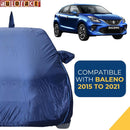 Blue Maruti Baleno Car Cover compatible with Baleno models from 2015 to 2021 protecting full car body