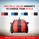 Baleno Waterproof Car Cover in multiple color variants including red and black stripes on a Maruti Baleno