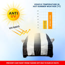 Maruti Fronx striped car body cover with anti UV protection and heat chart highlighting Fronx Car Cover Waterproof