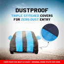 Maruti Fronx covered by blue and black striped dustproof car cover Fronx Car Cover Waterproof showing triple stitched seam