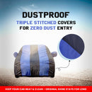 Maruti Fronx body cover with blue and black dustproof fabric and closeup triple stitched seam Fronx Car Cover Waterproof