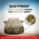 Camouflage Maruti Fronx car covered by triple stitched dustproof cover with inset seam detail Fronx Car Cover Waterproof