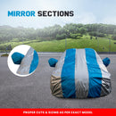 Maruti Fronx Car Body Cover with blue and silver stripes and mirror sections Fronx Car Cover Waterproof