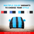 Maruti Fronx car body cover in black with blue racing stripes and color options icons Fronx Car Cover Waterproof