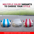 Three Maruti Fronx car body covers in blue gray and red stripes shown outdoors Fronx Car Cover Waterproof protective fit