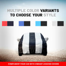 Maruti Fronx car body cover shown striped black and white with multiple color swatches and Fronx Car Cover Waterproof