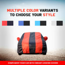 Maruti Fronx car covered in red and black striped Fronx Car Cover Waterproof with multiple color variants displayed