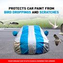Maruti Fronx car body covered in blue and silver striped Fronx Car Cover Waterproof protecting from bird droppings and scratches