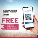 Hand holding smartphone showing warranty QR code and free 3 months extension text for Fronx Car Cover Waterproof by Maruti Fronx