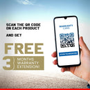 Hand holding phone showing warranty QR code and free 3 months extension text for Maruti Fronx using Fronx Car Cover Waterproof