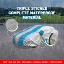 Maruti Fronx car body cover in silver and blue shown in heavy rain Fronx Car Cover Waterproof with triple stitched seams
