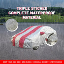 Maruti Fronx car covered by silver and red striped protective cover in heavy rain Fronx Car Cover Waterproof