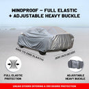 Maruti Fronx covered in silver windproof full elastic car cover with adjustable heavy buckle Fronx Car Cover Waterproof