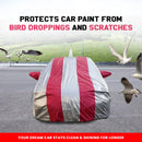 Maruti Baleno Car Cover protecting car paint from bird droppings and scratches with red and silver stripes