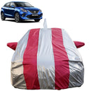 Maruti Baleno Car Cover in silver and red stripes fitting a compact hatchback car