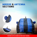 Maruti Baleno Car Cover Waterproof with mirror and antenna sections in blue and black
