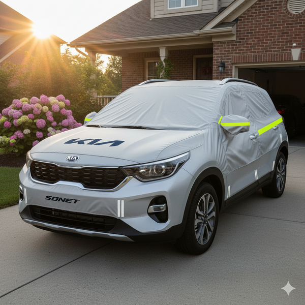 Kia Sonet Car Cover Protecting a Stylish SUV in a Driveway Surrounded by Flowers