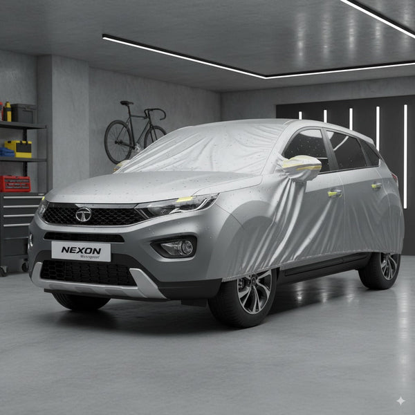 Tata Nexon Car Cover protecting a stylish grey Tata Nexon in a modern garage setting