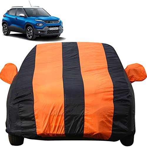 Autofact Punch Car Cover - EasyShield - Car Body Cover for Tata Punch - With Mirror Pockets, Triple Stitched, Bottom Fully Elastic, Adjustable Belt and Buckle (Orange Blue Stripes)