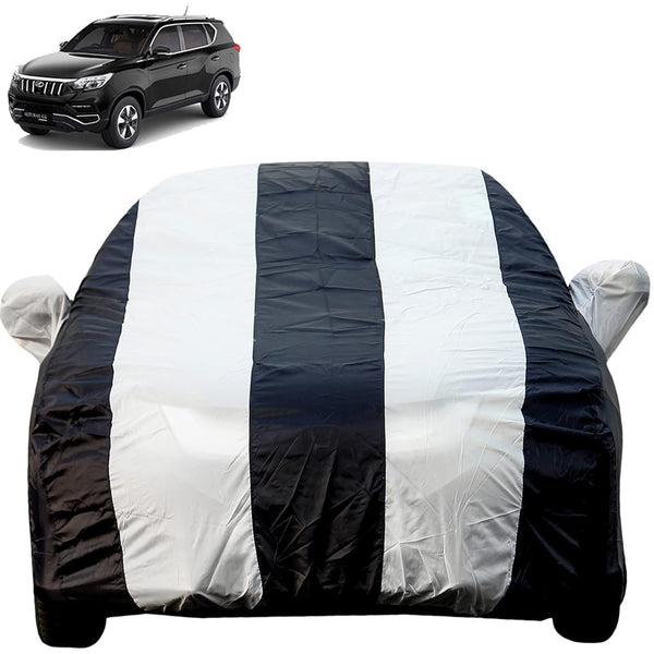 Autofact Xuv 700 Car Cover - EasyShield - Car Body Cover for Mahindra Xuv 700 - With Mirror Pockets, Triple Stitched, Bottom Fully Elastic, Adjustable Belt and Buckle (White Blue Stripes)