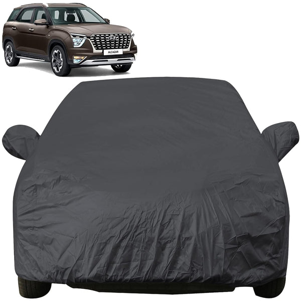 Autofact Alcazar Car Cover - EasyShield - Car Body Cover for Hyundai Alcazar - With Mirror Pockets, Triple Stitched, Bottom Fully Elastic, Adjustable Belt and Buckle (Grey 190T)