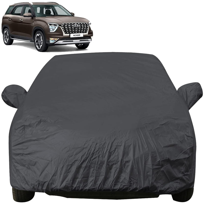 Autofact Alcazar Car Cover - EasyShield - Car Body Cover for Hyundai Alcazar - With Mirror Pockets, Triple Stitched, Bottom Fully Elastic, Adjustable Belt and Buckle (Grey 190T)