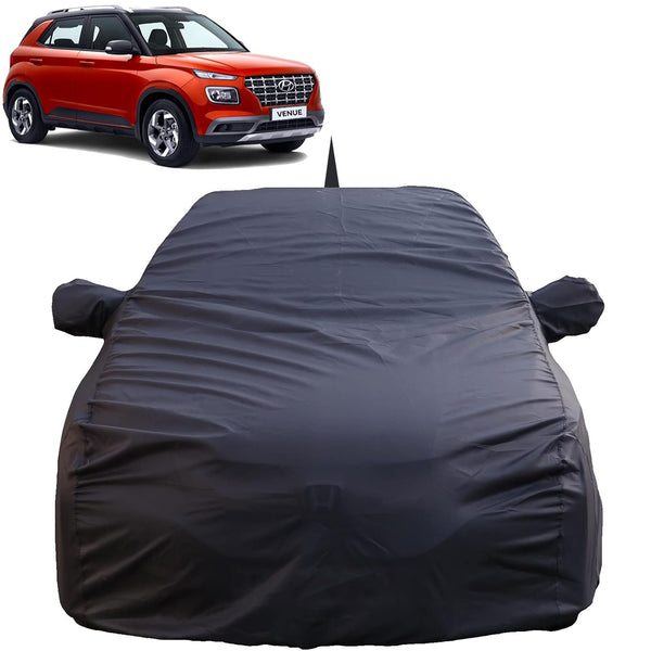 Autofact Venue Car Cover - TearTough - Dog Proof / Waterproof Car Body Cover for Hyundai Venue - With Mirror & Antenna Pockets, Triple Stitched, Bottom Fully Elastic, Adjustable Belt and Buckle (Grey 4x4)