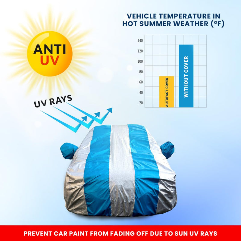 Autofact 3 Series Car Cover - FlexGuard - Waterproof Car Body Cover for BMW 3 Series - With Mirror Pockets, Triple Stitched, Bottom Fully Elastic, Adjustable Belt and Buckle (Silver / Blue Stripes)