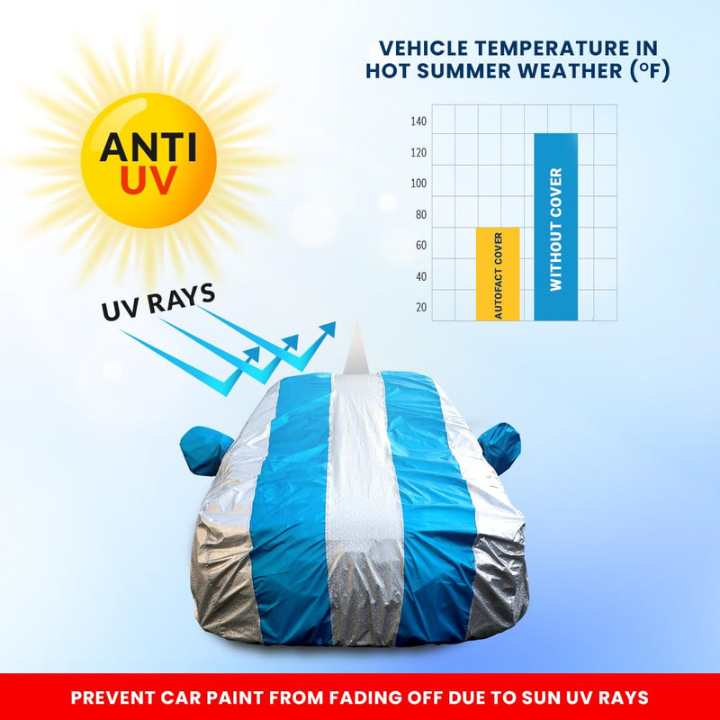 Autofact Swift Car Cover - FlexGuard - Waterproof Car Body Cover for Maruti Swift - With Mirror & Antenna Pockets, Triple Stitched, Bottom Fully Elastic, Adjustable Belt and Buckle (Silver / Blue Stripes)