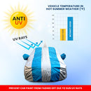 Autofact Glanza Car Cover - FlexGuard - Waterproof Car Body Cover for Toyota Glanza - With Mirror & Antenna Pockets, Triple Stitched, Bottom Fully Elastic, Adjustable Belt and Buckle (Silver / Blue Stripes)