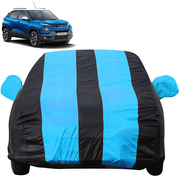 Autofact Punch Car Cover - EasyShield - Car Body Cover for Tata Punch - With Mirror Pockets, Triple Stitched, Bottom Fully Elastic, Adjustable Belt and Buckle (Teak Blue Stripes)