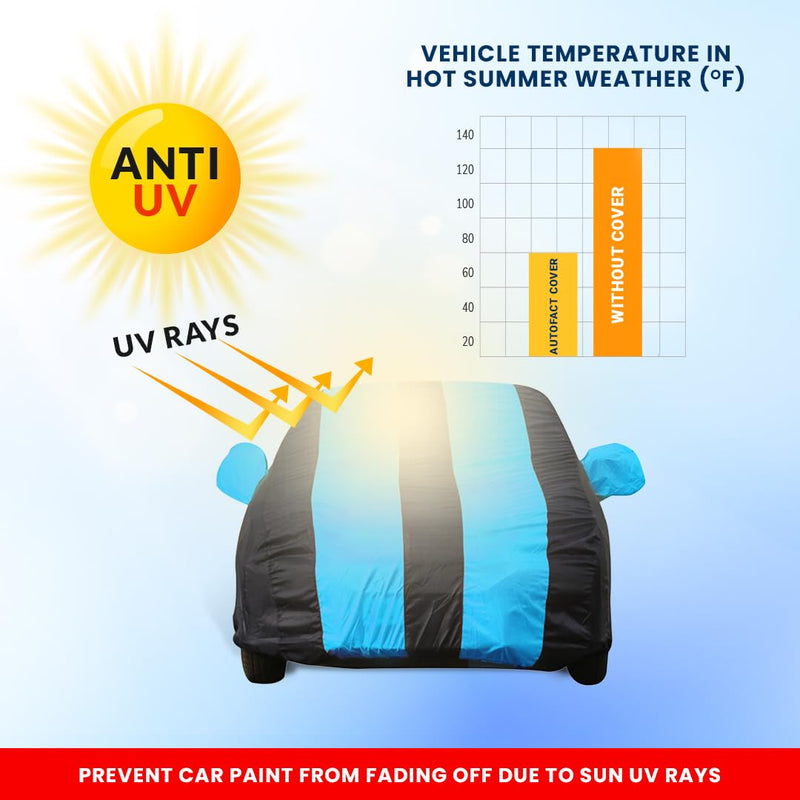 Autofact Scorpio Car Cover - EasyShield - Car Body Cover for Mahindra Scorpio - With Mirror Pockets, Triple Stitched, Bottom Fully Elastic, Adjustable Belt and Buckle (Teak Blue Stripes)