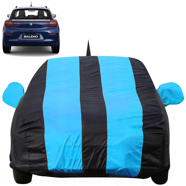 Autofact Baleno Car Cover - EasyShield - Car Body Cover for Maruti Baleno - With Mirror Pockets, Triple Stitched, Bottom Fully Elastic, Adjustable Belt and Buckle (Teak Blue Stripes)