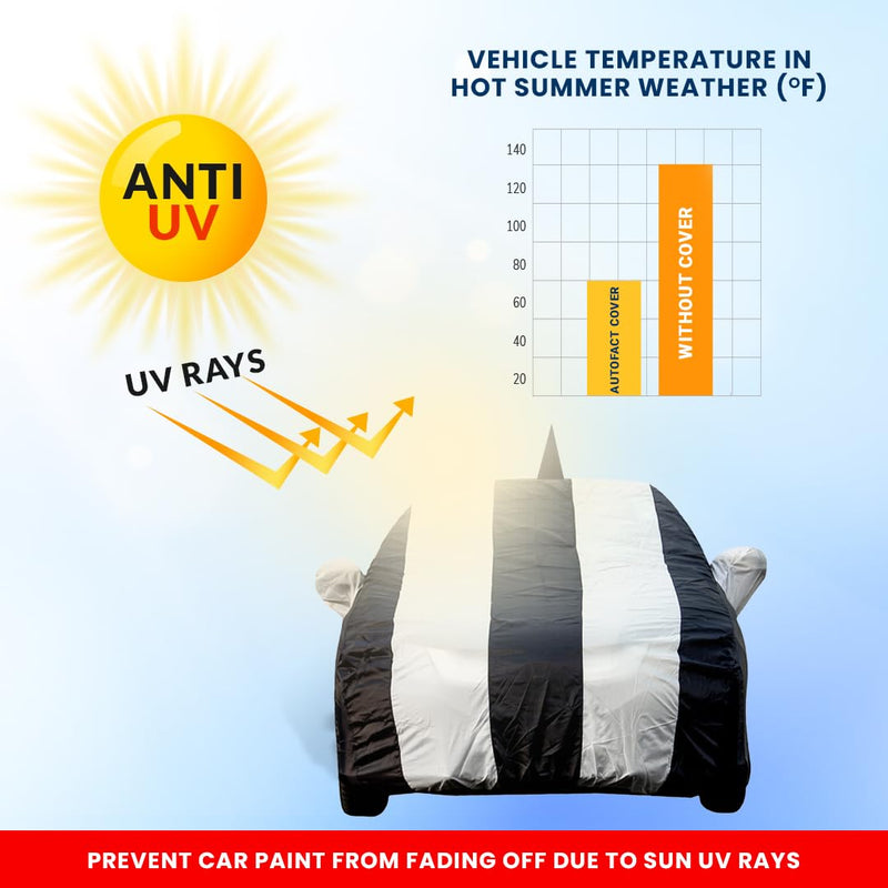 Autofact Ameo Car Cover - EasyShield - Car Body Cover for Volkswagen Ameo - With Mirror Pockets, Triple Stitched, Bottom Fully Elastic, Adjustable Belt and Buckle (White Blue Stripes)