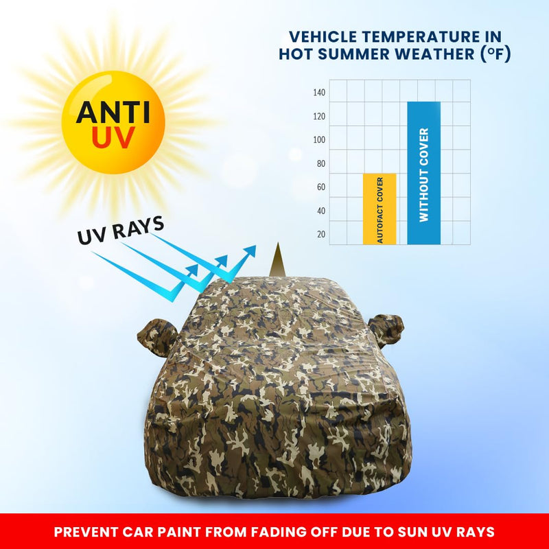 Autofact Swift Car Cover - FlexGuard - Waterproof Car Body Cover for Maruti Swift - With Mirror & Antenna Pockets, Triple Stitched, Bottom Fully Elastic, Adjustable Belt and Buckle (Camouflage)