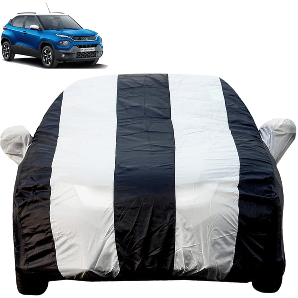 Autofact Punch Car Cover - EasyShield - Car Body Cover for Tata Punch - With Mirror Pockets, Triple Stitched, Bottom Fully Elastic, Adjustable Belt and Buckle (White Blue Stripes)