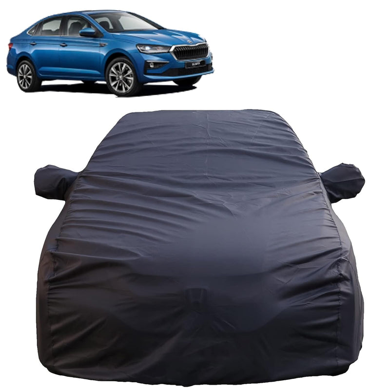 Autofact Slavia Car Cover - TearTough - Dog Proof / Waterproof Car Body Cover for Skoda Slavia - With Mirror Pockets, Triple Stitched, Bottom Fully Elastic, Adjustable Belt and Buckle (Grey 4x4)