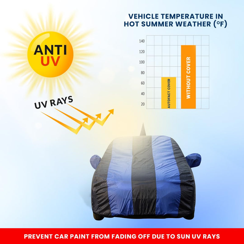 Autofact Swift Car Cover - EasyShield - Car Body Cover for Maruti Swift - With Mirror Pockets, Triple Stitched, Bottom Fully Elastic, Adjustable Belt and Buckle (Royal Blue Stripes)
