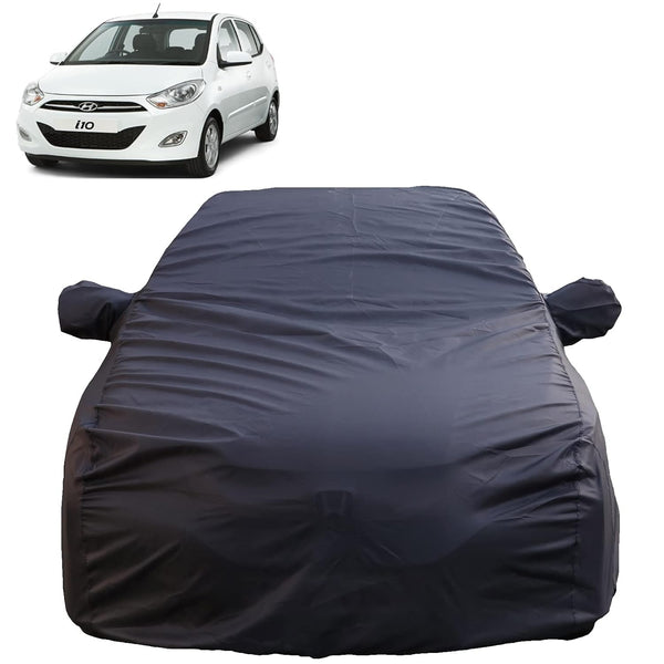 Autofact i10 Car Cover - TearTough - Dog Proof / Waterproof Car Body Cover for Hyundai i10 - With Mirror Pockets, Triple Stitched, Bottom Fully Elastic, Adjustable Belt and Buckle (Grey 4x4)