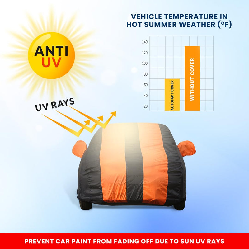 Autofact Scorpio Car Cover - EasyShield - Car Body Cover for Mahindra Scorpio - With Mirror Pockets, Triple Stitched, Bottom Fully Elastic, Adjustable Belt and Buckle (Orange Blue Stripes)