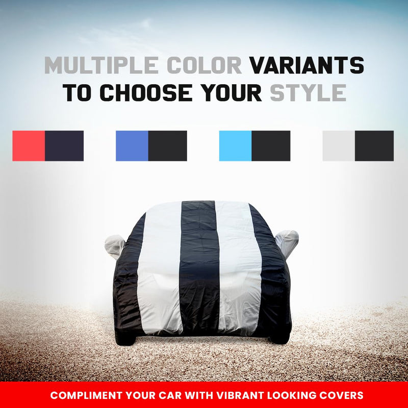 Autofact Scorpio Car Cover - EasyShield - Car Body Cover for Mahindra Scorpio - With Mirror Pockets, Triple Stitched, Bottom Fully Elastic, Adjustable Belt and Buckle (White Blue Stripes)