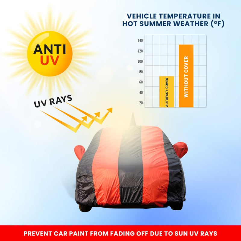 Autofact Swift Car Cover - EasyShield - Car Body Cover for Maruti Swift - With Mirror Pockets, Triple Stitched, Bottom Fully Elastic, Adjustable Belt and Buckle (Red Blue Stripes)