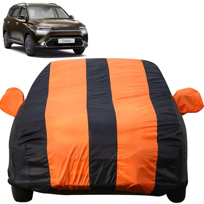 Autofact Carens Car Cover - EasyShield - Car Body Cover for Kia Carens - With Mirror Pockets, Triple Stitched, Bottom Fully Elastic, Adjustable Belt and Buckle (Orange Blue Stripes)