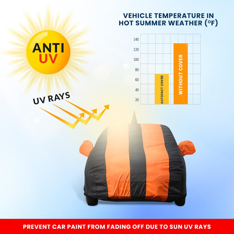 Autofact Swift Car Cover - EasyShield - Car Body Cover for Maruti Swift - With Mirror Pockets, Triple Stitched, Bottom Fully Elastic, Adjustable Belt and Buckle (Orange Blue Stripes)