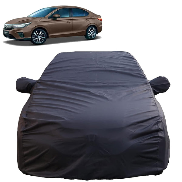 Autofact New City Car Cover - TearTough - Dog Proof / Waterproof Car Body Cover for Honda New City - With Mirror Pockets, Triple Stitched, Bottom Fully Elastic, Adjustable Belt and Buckle (Grey 4x4)
