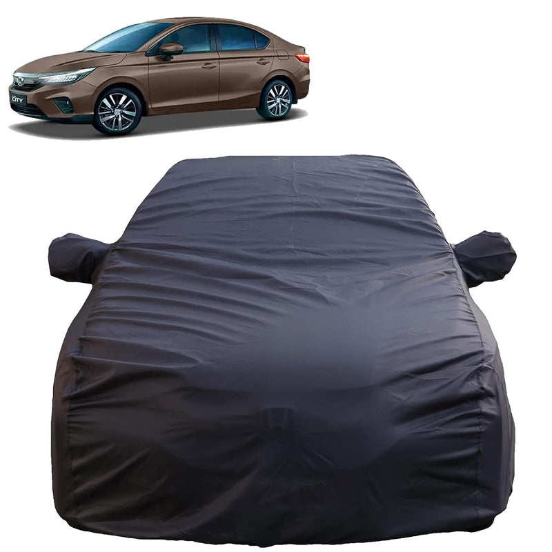 Autofact New City Car Cover - TearTough - Dog Proof / Waterproof Car Body Cover for Honda New City - With Mirror Pockets, Triple Stitched, Bottom Fully Elastic, Adjustable Belt and Buckle (Grey 4x4)